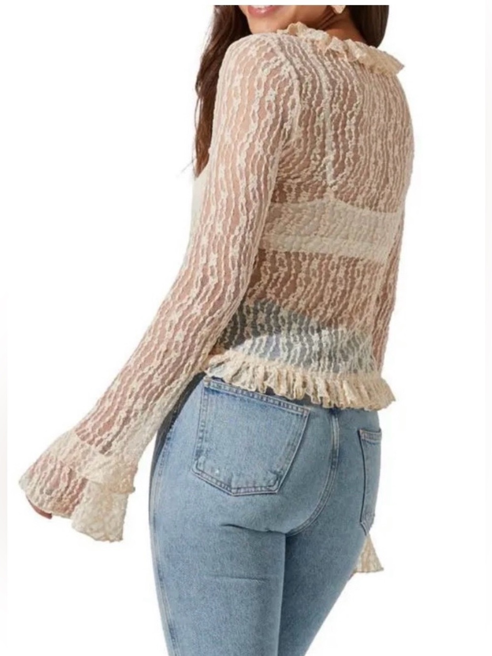 Astr Sheer Lace Ruffled Tie-Front Top - Cream. Size Small - Picture 3 of 10